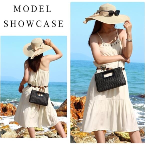 Straw Clutch Top Handbags Raffia Bag Black - Picture 6 of 6